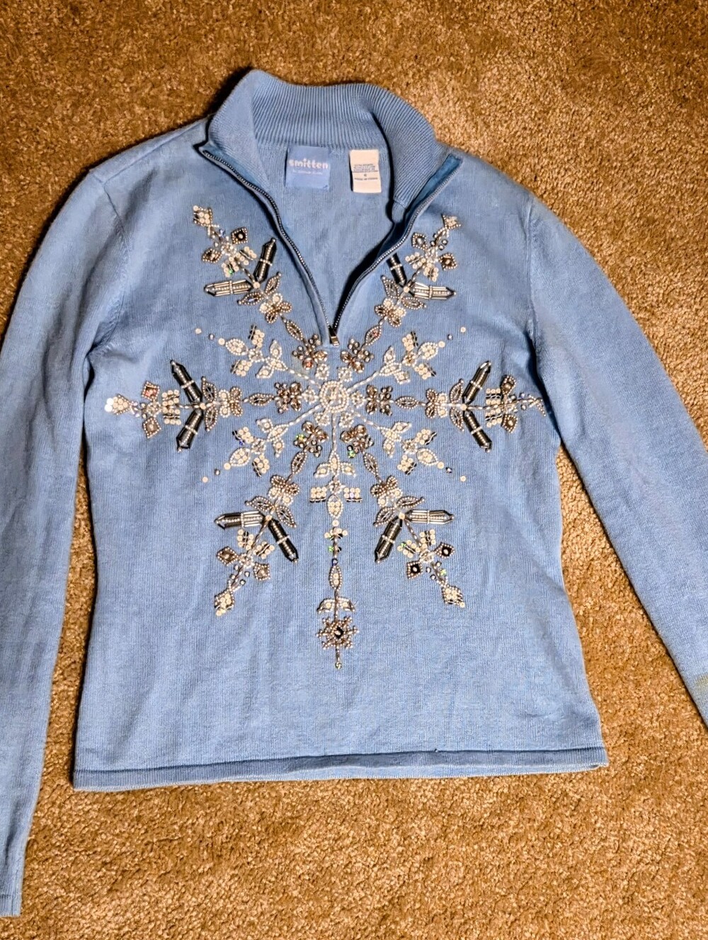Light blue beaded Sparkly quarter-zip snowflake sweater VINTAGE SMITTEN